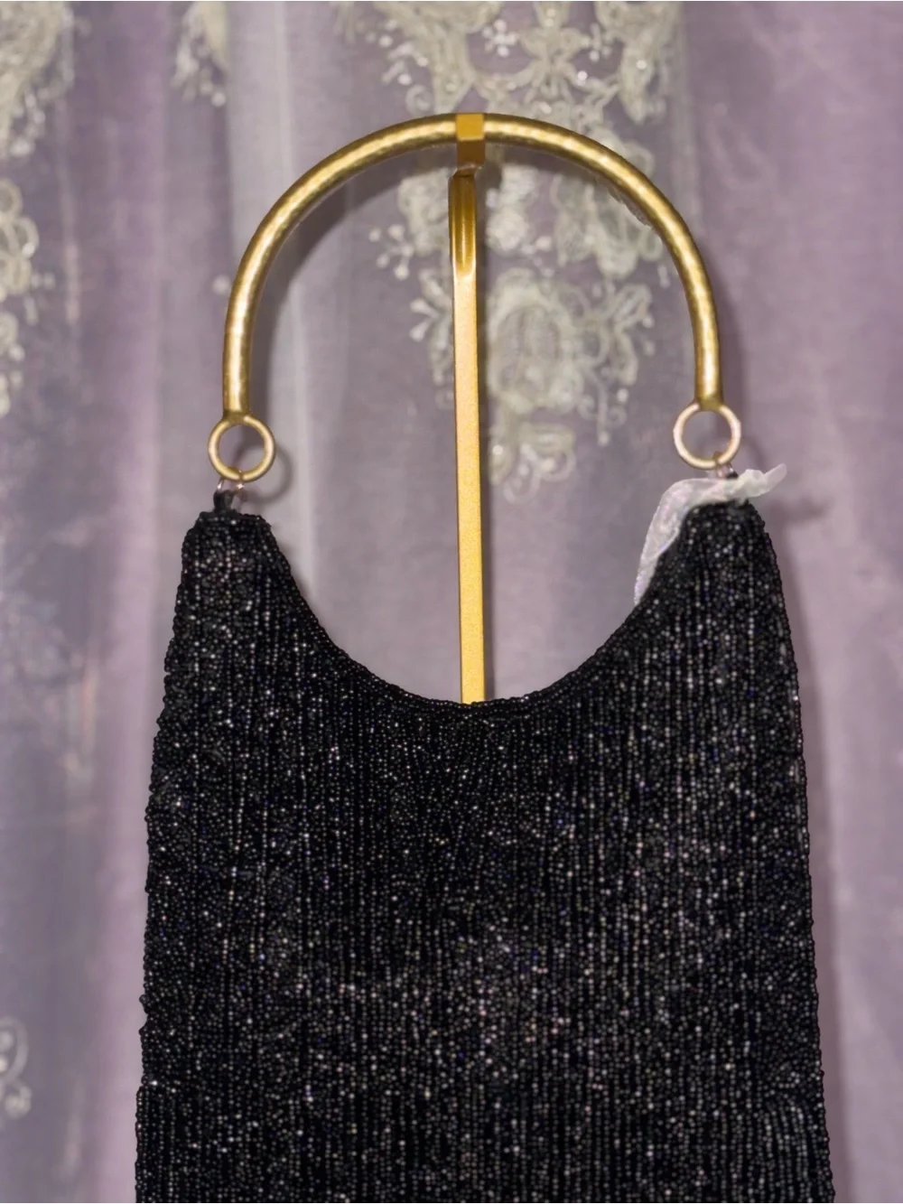 NWT “From India to You” Hand Beaded Black Fringe Evening Bag - Gold Metal Handle